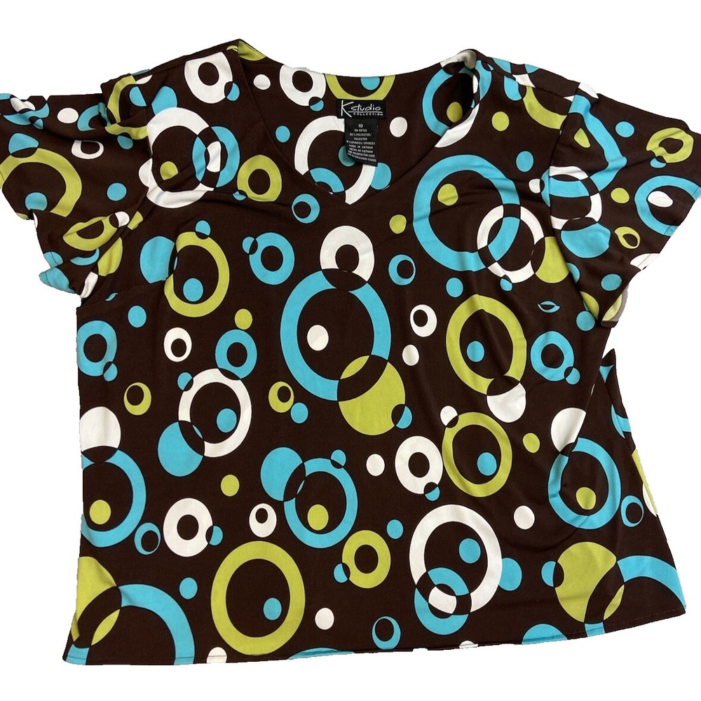 K Studio Womens Blouse‎ XL Brown Geometric Short Sleeve Casual Top